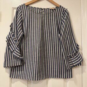 Skies Are Blue Blue White Stripe Ruffle Sleeve Blouse L Statement Sleeve Top